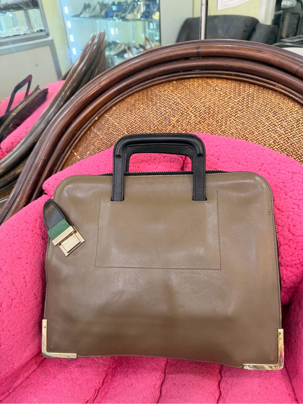 Valentino Olive Taupe Leather Briefcase with Black Handles